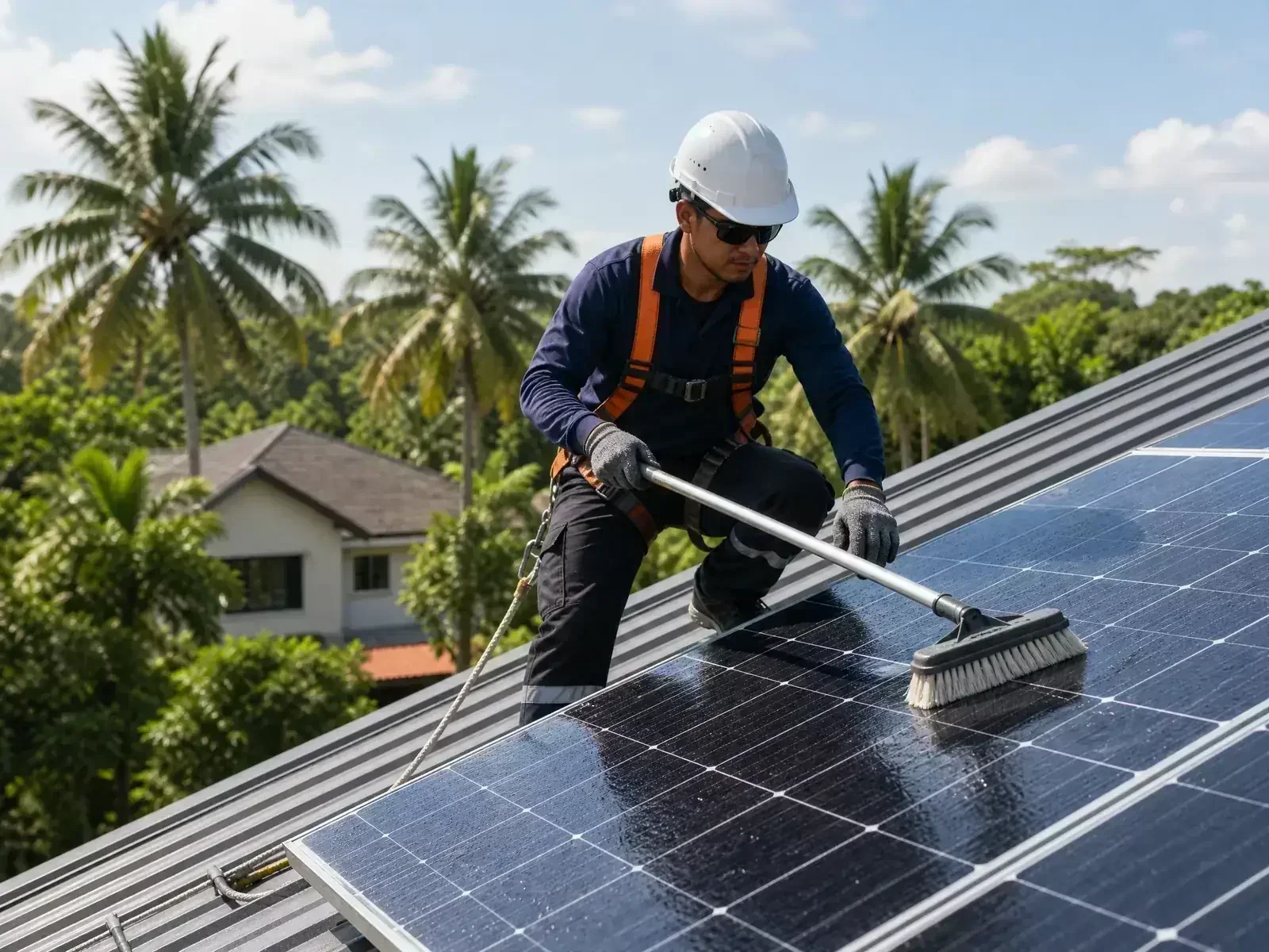 Technician safely inspecting and cleaning rooftop solar panels in the Philippines