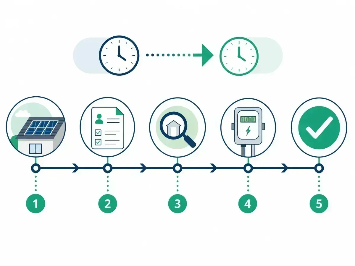 Net metering application approval timeline in the Philippines showing 5-step process from installation to approval