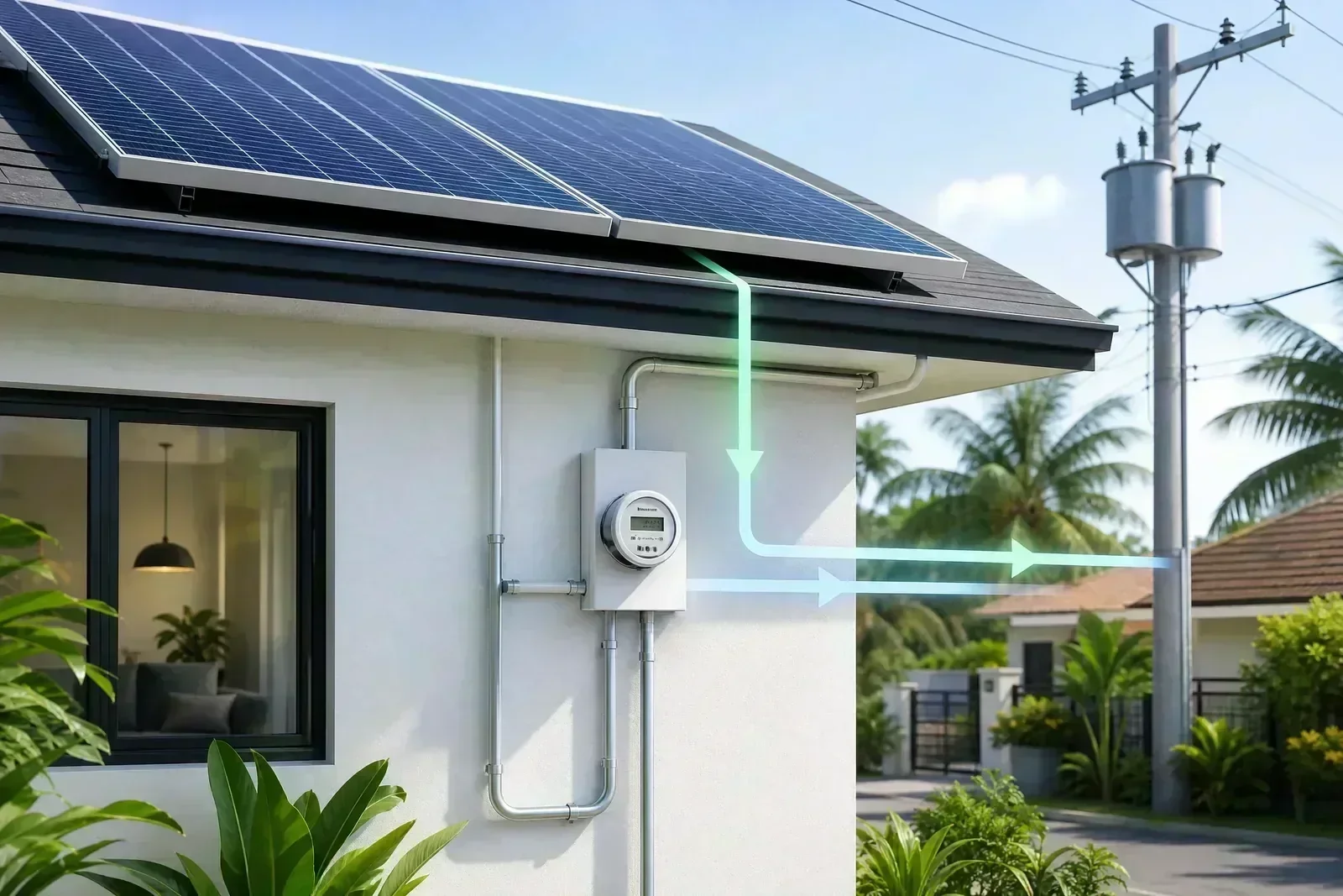 Rooftop solar panels connected to a bidirectional electricity meter and utility grid