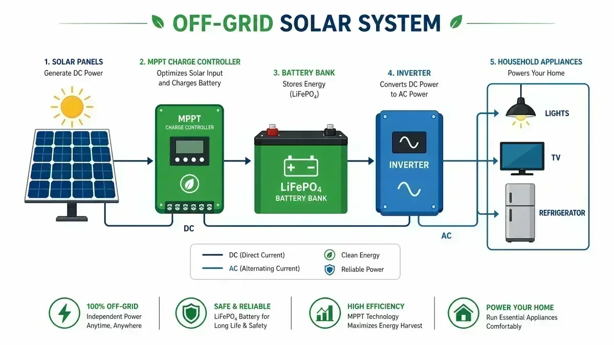 Off-grid solar system flow diagram showing panels, MPPT controller, battery, inverter, and household loads