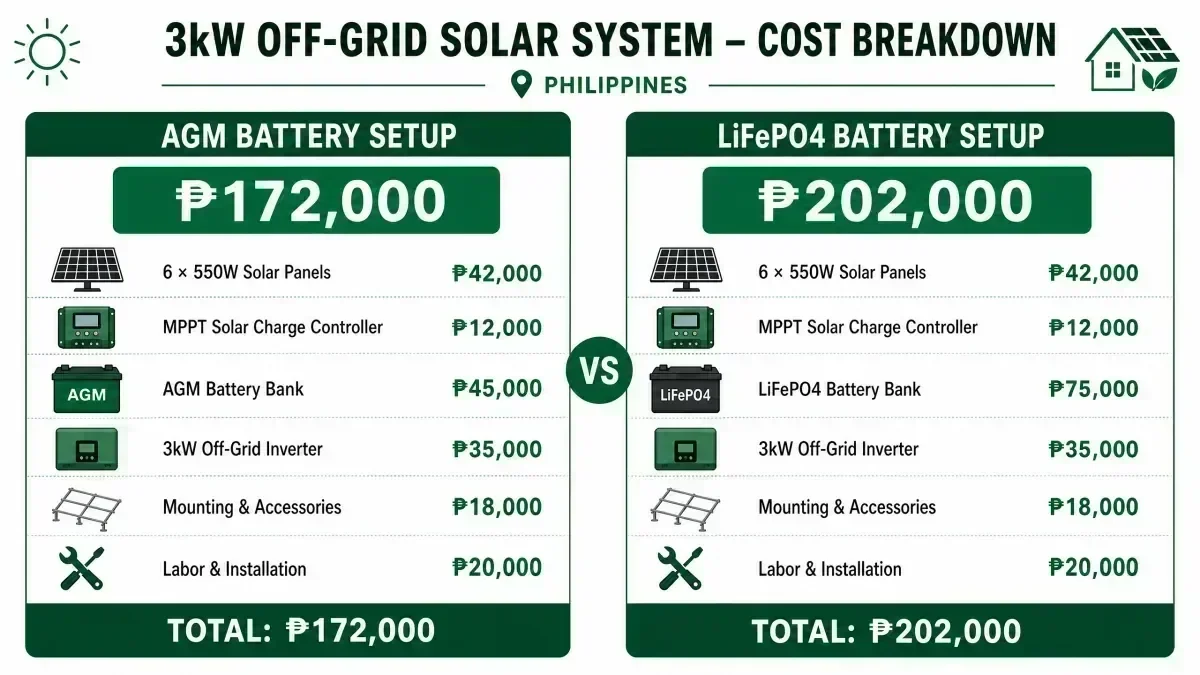 Cost comparison between AGM and LiFePO4 battery setups for 3kW off-grid solar system in the Philippines