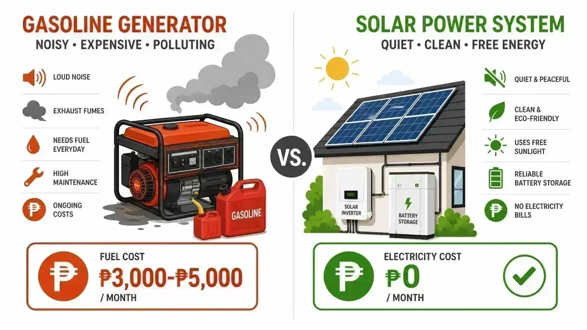 Comparison of gasoline generator monthly costs versus solar power system with zero electricity cost