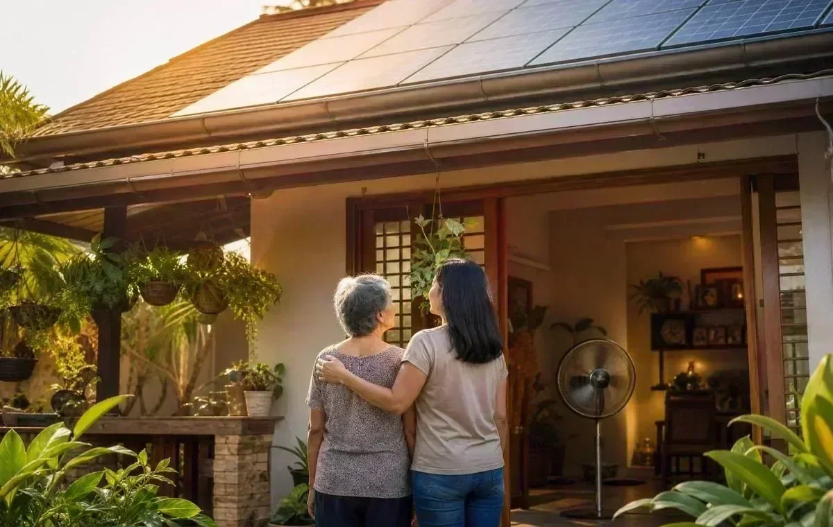 Rooftop solar panels producing electricity during golden-hour sunlight