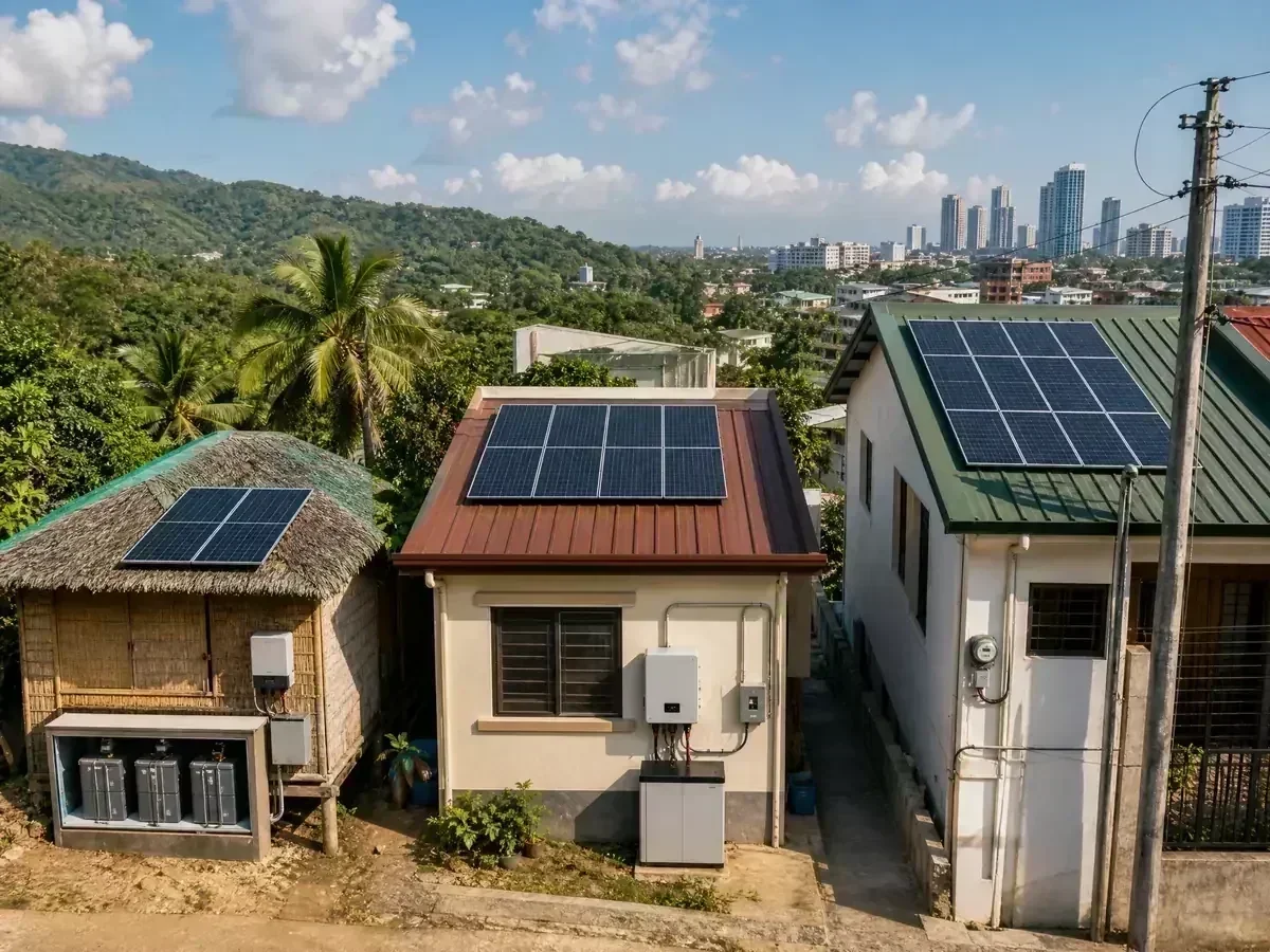 Three Filipino homes with off-grid, hybrid, and grid-tied solar setups in rural, suburban, and city settings